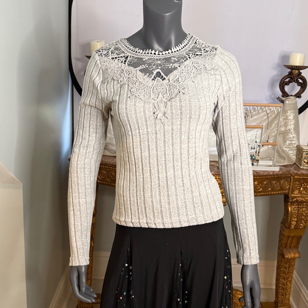 SHEIN Cream Long Sleeve Ribbed Embellished Blouse